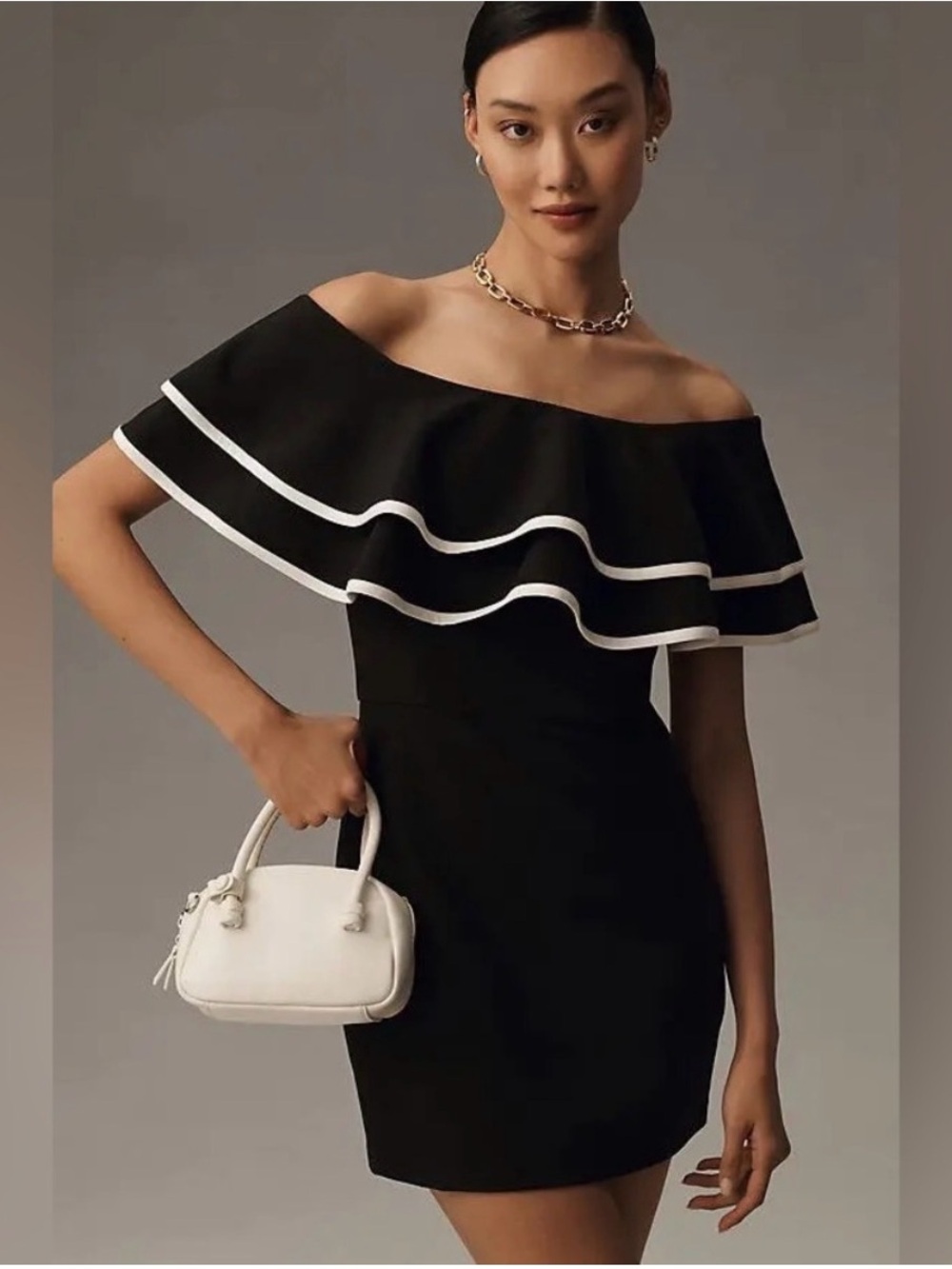 Endless Rose Black Off-Shoulder Ruffle Mini Dress with White Trim
